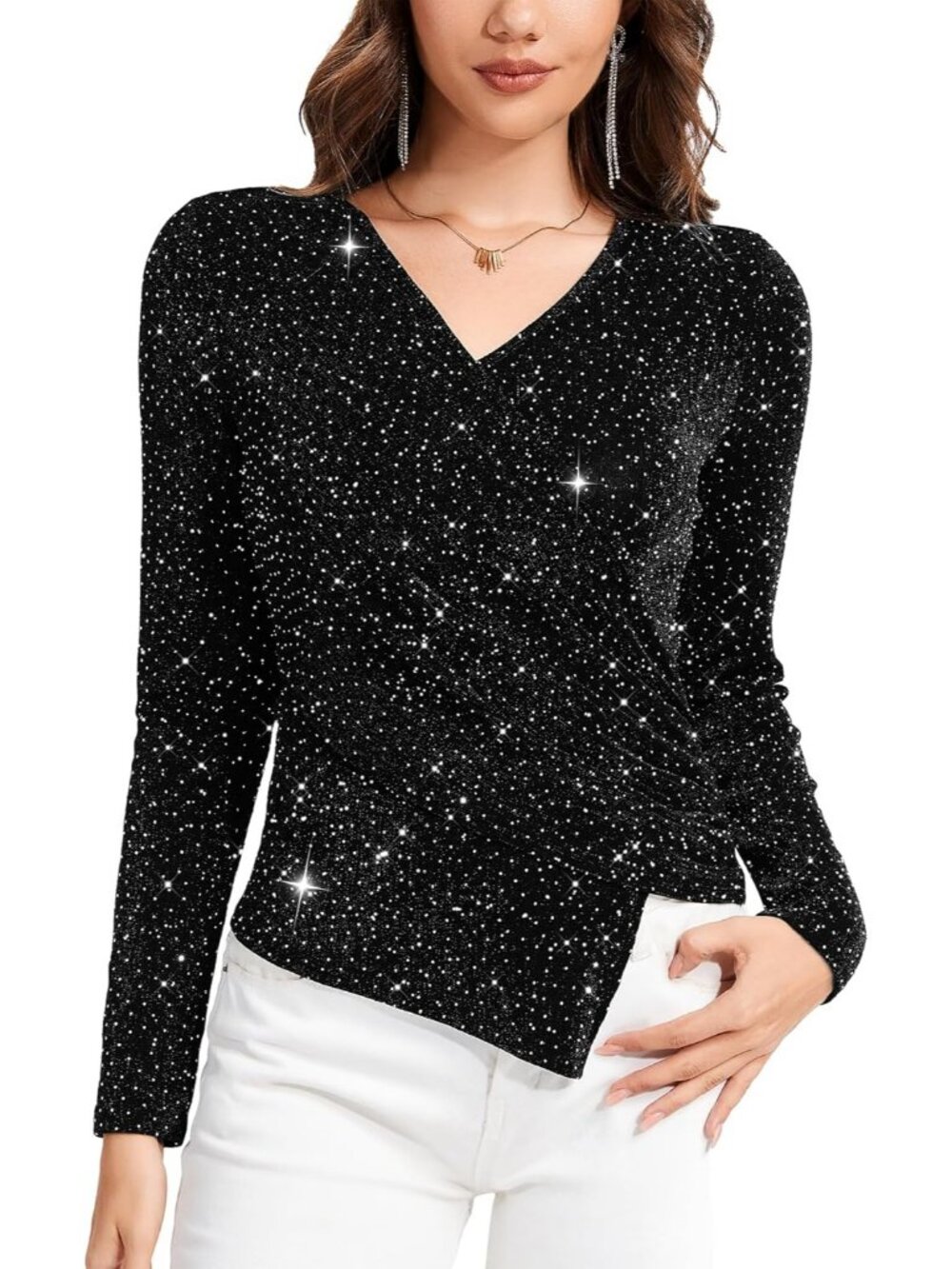 Women Silver Black V Neck Glitter Sparkly Blouse Long Sleeve Cocktail Party Top